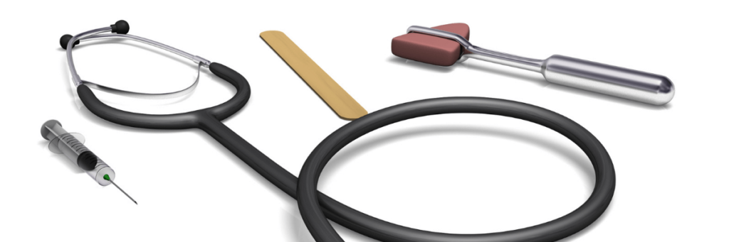 Image shows a syringe a tongue depressor, a stethoscope and a reflex hammer against a white background - This image is used by Patient Guard to represent its medical device and IVD medical device regulatory and quality assurance content.