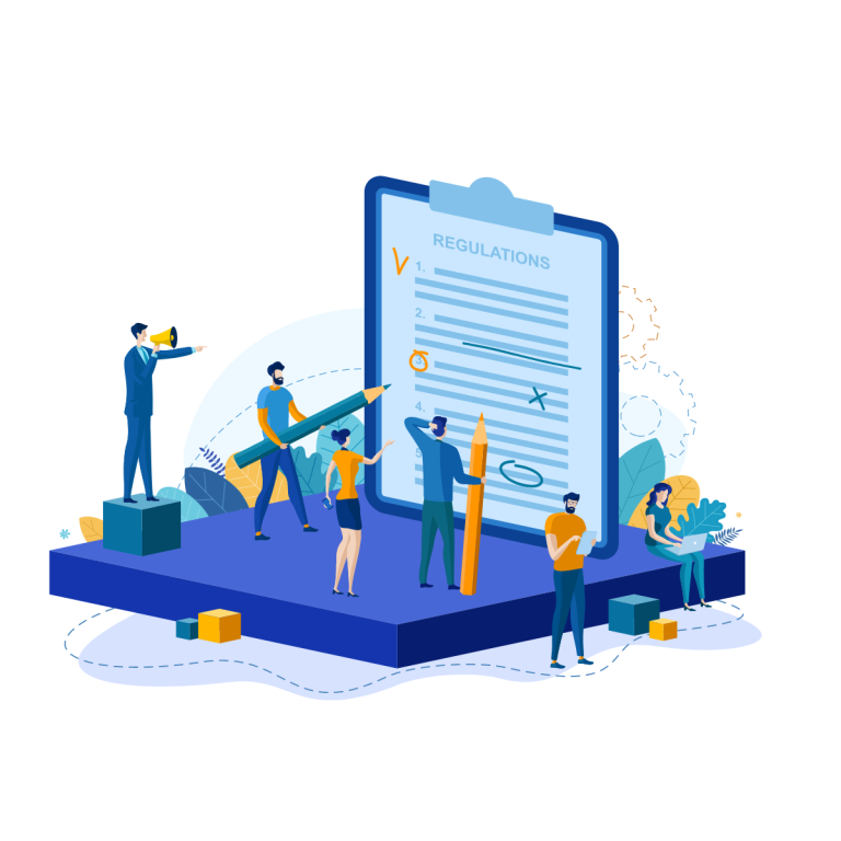 illustration of people with pencils in their hands writing on a large clipboard with the heading regulations on it - used by patient guard limited to discuss the topic of EU regulations and PRRC under article 15 in relation to medical devices and IVDS.