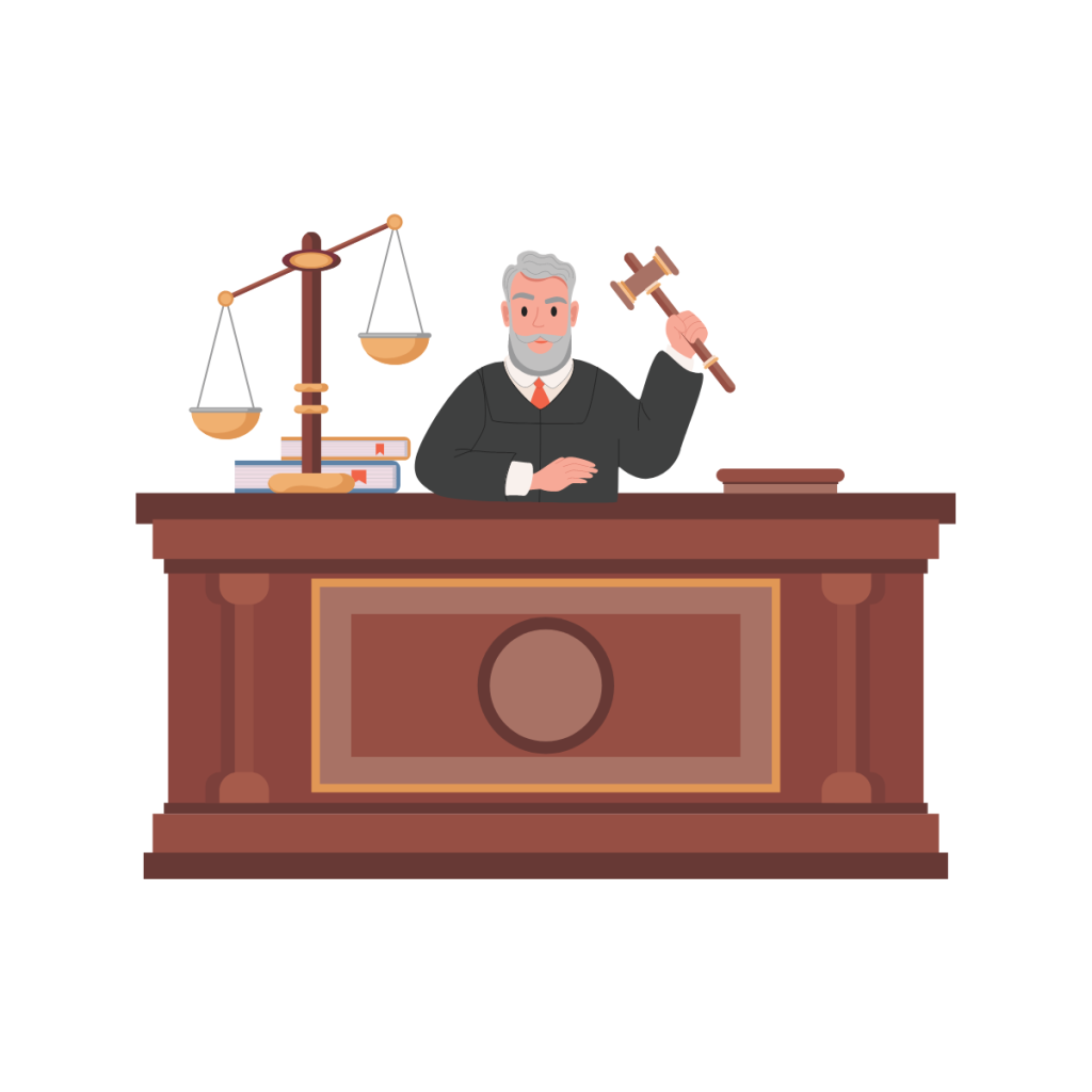 Judge behind a bench with hammer and gavel and justice scales.