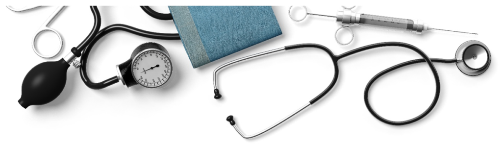Blood Pressure Cuff, scissors, syringe, stethoscope placed on a white background - Represents medical devices - image used by patient guard to represent subjects relating to medical device and IVD regulatory affairs and Quality Assurance.