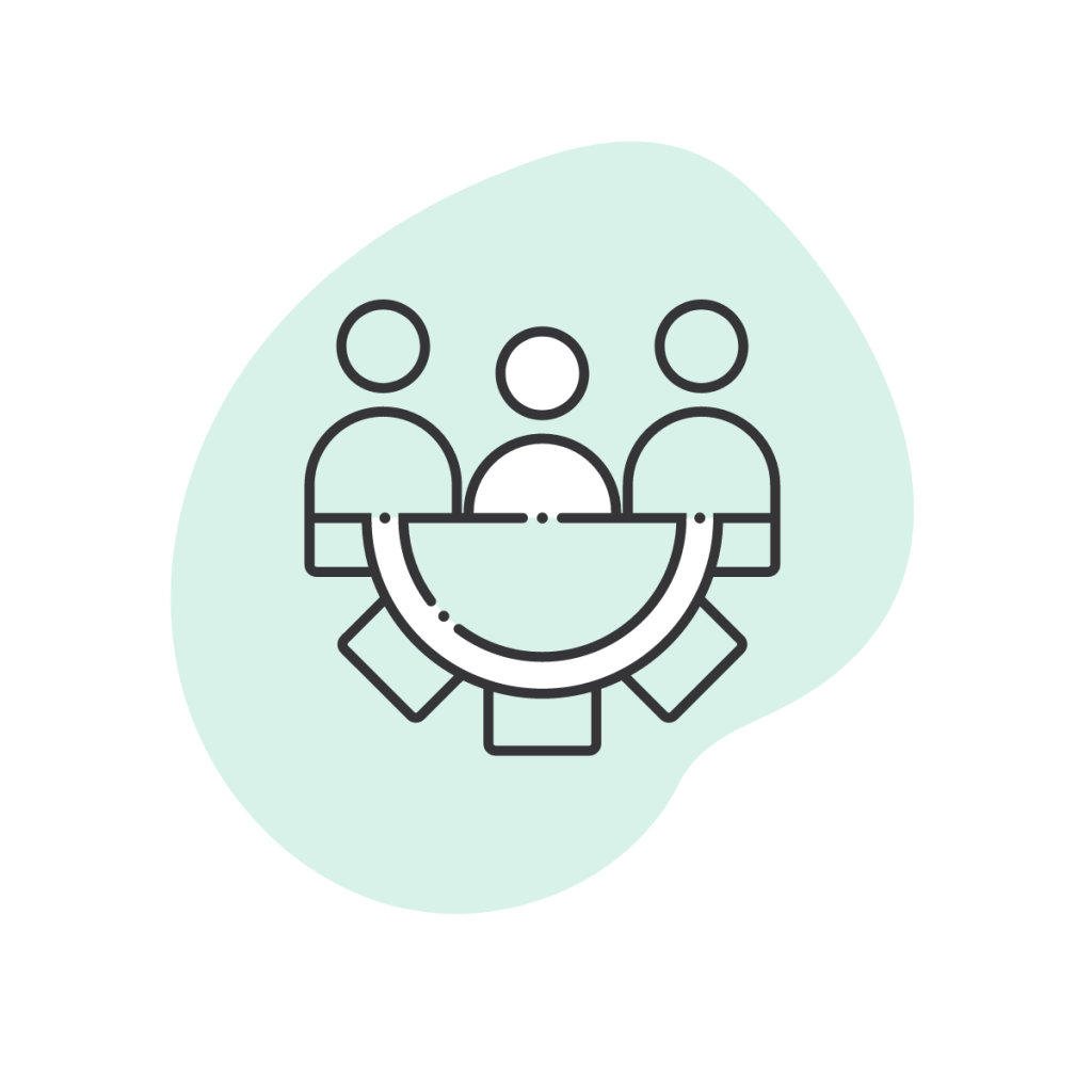 illustration of team members around a table - used by patient guard to represent a team of medical device experts discussing clinical evaluation.