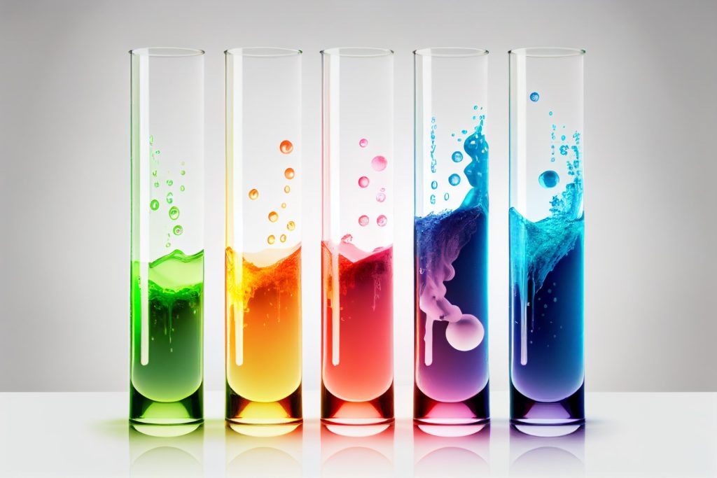 5 test tubes with green, yellow, red, purple and blue coloured liquid to make a rainbow. Used by patient guard to represent biological evaluation services.