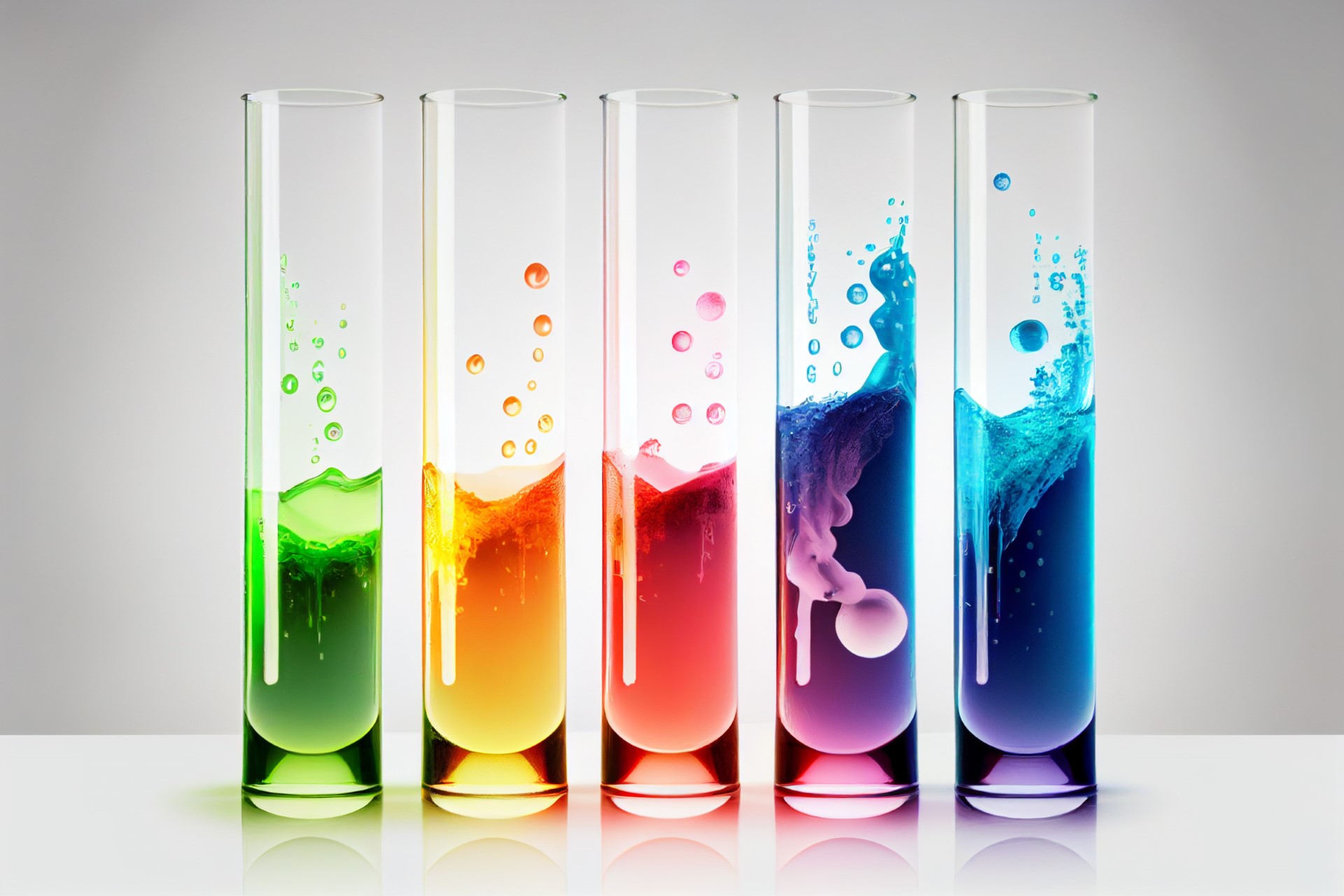 5 test tubes with green, yellow, red, purple and blue coloured liquid to make a rainbow. Used by patient guard to represent biological evaluation services.