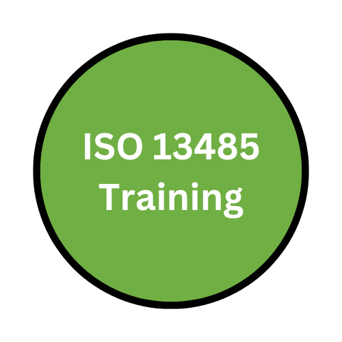 Green circle with words in white saying ISO 13485 training.
