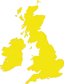Map of the UK in yellow colour - this relates to Patient Guards UK Medical Device Consultancy services