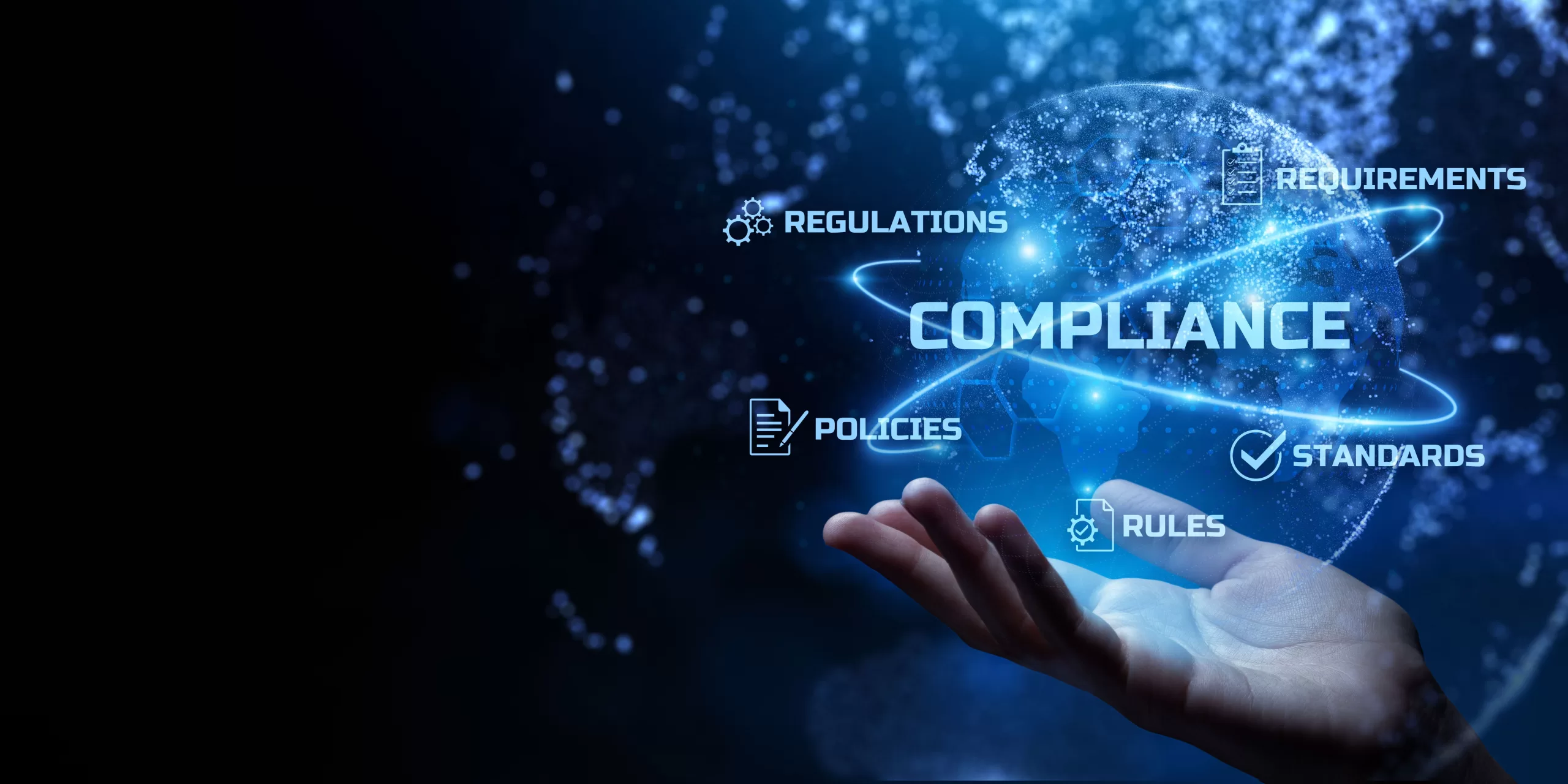 This image is a shows a dark background with a hand at the bottom of the image circulating the word compliance above it in blue in a futuristic manner. This image is used by patient guard to represent their medical device and IVD regulatory and quality assurance consultancy services.