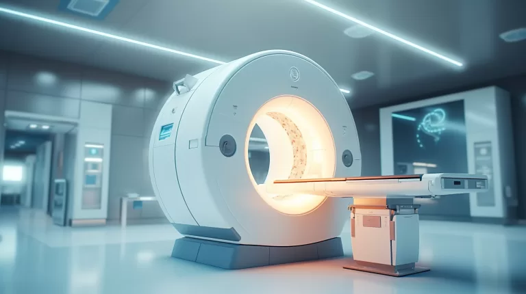 Image of a MRI scanning device in a futuristic looking setting. The image represents Patient Guards Medical device services.