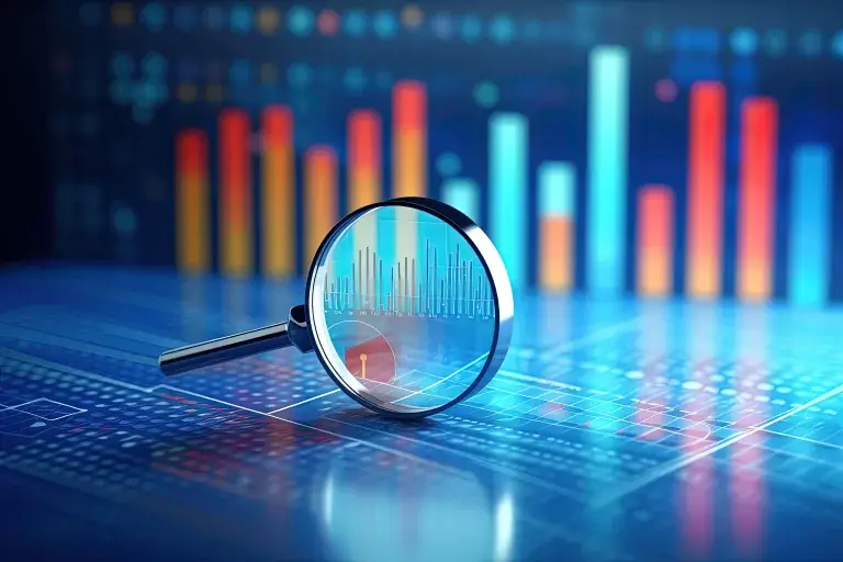 image of a spy glass looking at graphs of data - image indicates patient guard as a medical device and IVD regulatory and quality assurance consultancy, with services such as post market surveillance.