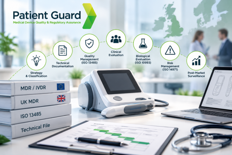 Medical device consultancy services covering UK and EU regulatory compliance, technical documentation, ISO 13485, clinical evaluation, biological evaluation, risk management and post-market surveillance.