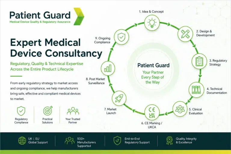 Patient Guard medical device consultancy lifecycle showing support from idea and concept through design, regulatory strategy, Technical Documentation, Clinical Evaluation, CE marking, market launch and ongoing compliance.