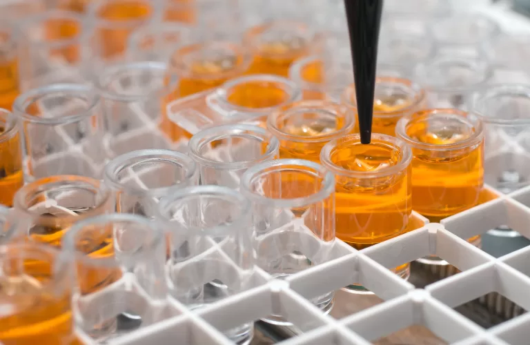 Image of microwell plates being filled with an orange coloured liquid via a pipette - This image is used by Patient Guard to describe their Medical Device and IVD Regulatory and Quality Services.