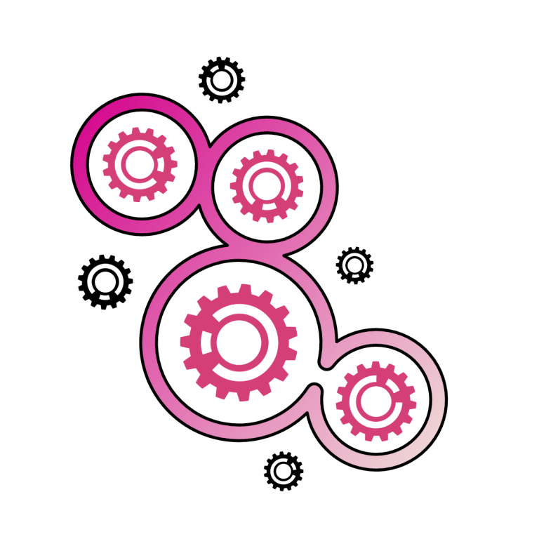illustration of cogs moving together. The cogs are pink and grey. The image is used by patient guard to describe the design and development process for medical devices and IVDs.