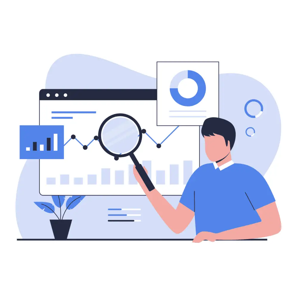 A man with a spyglass looking at data n for form of graphs on a screen. This image is used by patient guard to discuss their content relating to the design and development of medical devices and IVDs.