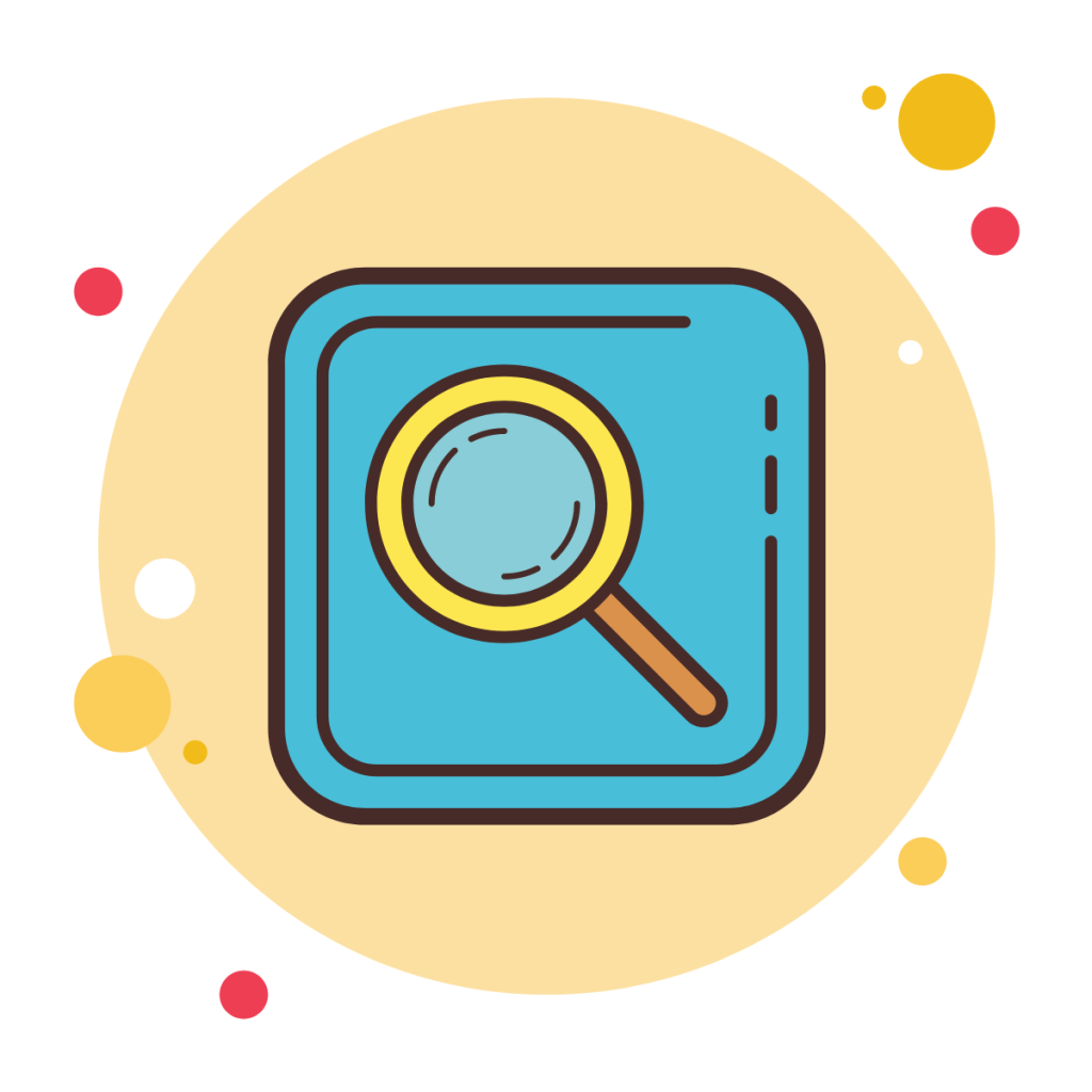 Illustration of a magnifying glass (spyglass) against a blue quared image, which is against a pale yellow circle. Used by Patient Guard Limited to discuss medical device technical file relate content.