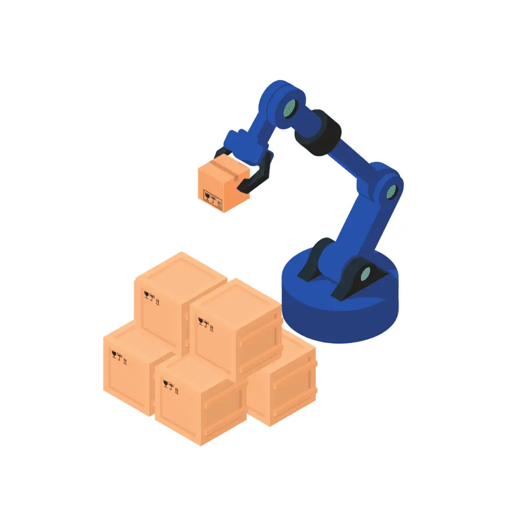 image of a robotic arm moving boxes - used by patient guard to describe medical device design and manufacturing section of medical device technical file.