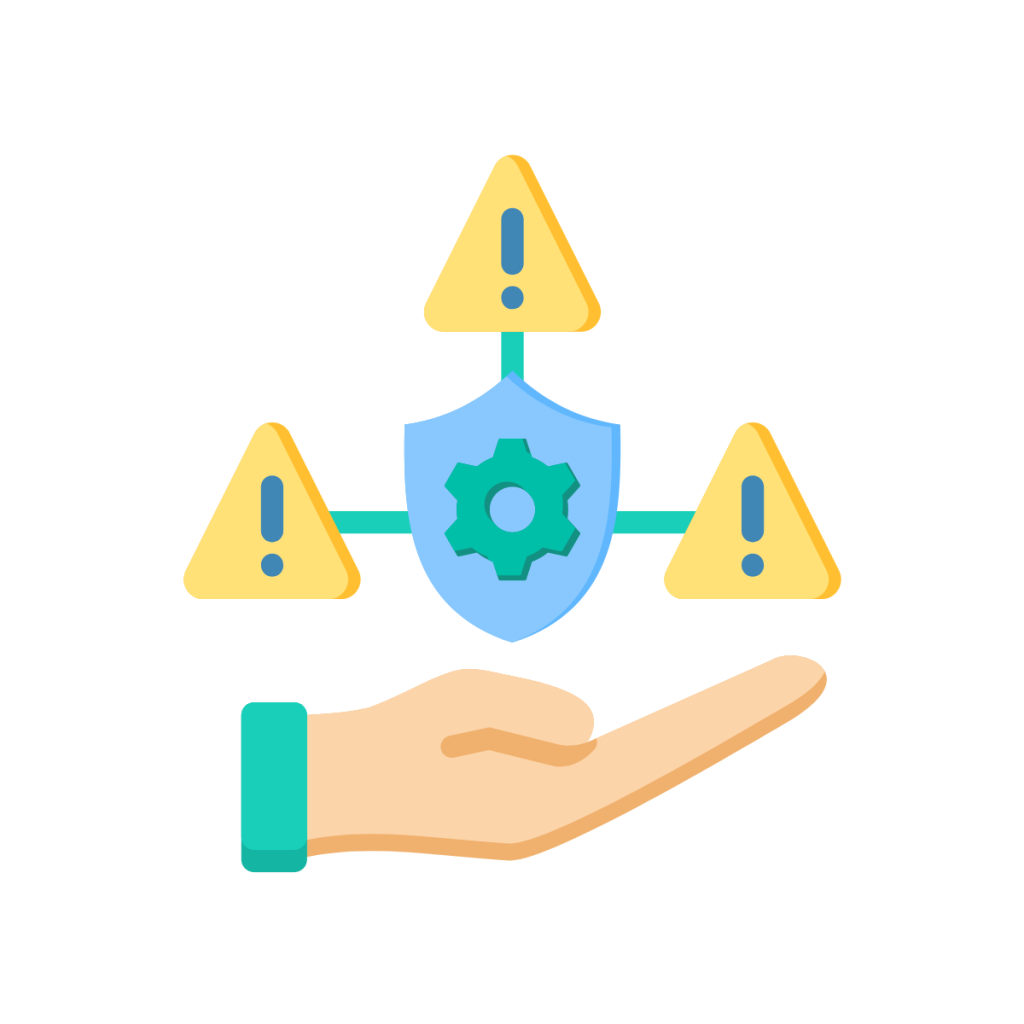 image of a hand, above the hand is a shield with a cog in the middle of it, branching from the shield in 3 directions is a caution symbol - used by patient guard to represent medical device risk management