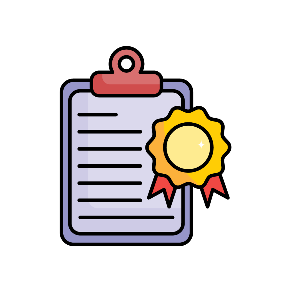 A clipboard with a gold certificate on it - used to represent medical device verification and validation.