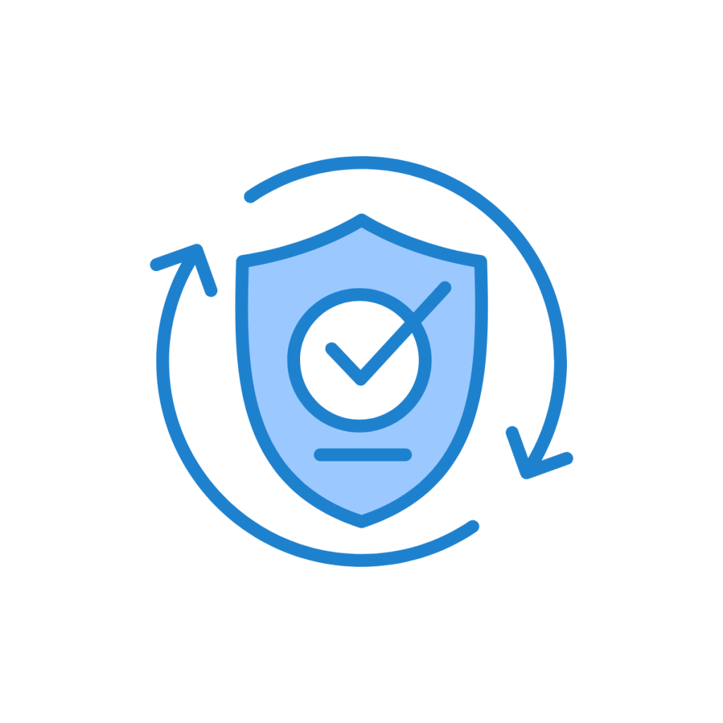 image of a blue shield with a blue tick in the middle of it with arrows around the shield representing continuity - Used by patient guard when discussing medical device conformity.