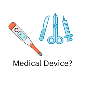 Animation picture of a thermometer and surgical tools with the phrase "medical device?" underneath the pictures.
