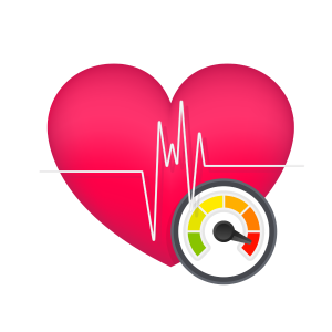 illustration of a pink heart with a white heart sinus rhythm line going across it and a monitor from green, to yellow, to orange and then red on it. The dial is pointing to red. This image is used by patient guard to discuss medical device determination.