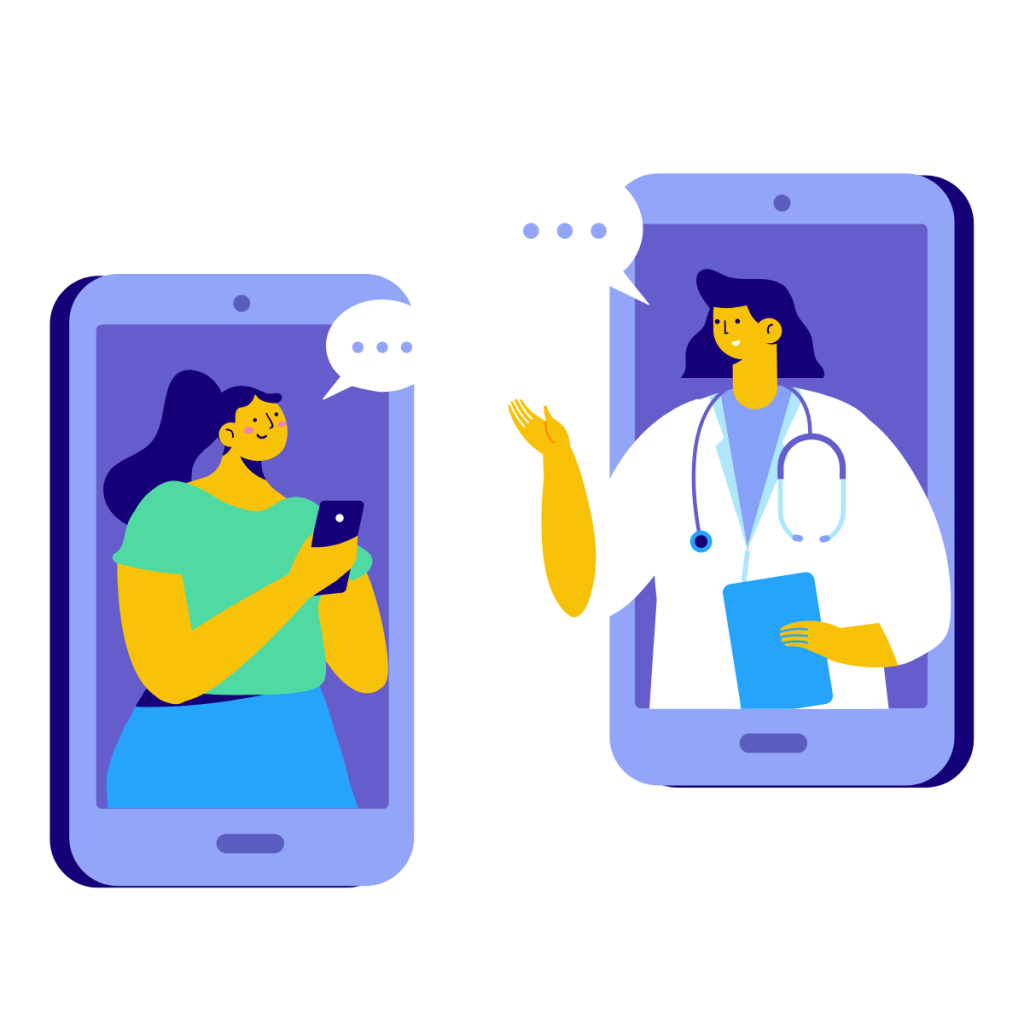 Illustration of a patient communicating with a doctor on a smart phone. This image is used by patient guard on their website to discuss medical device determination.