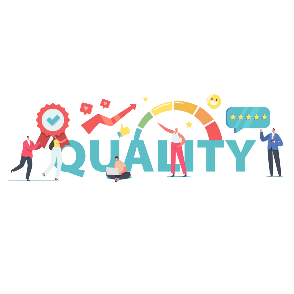 The word 'QUALITY' in turquoise, with colourful items in the back ground such as a graph and a certificate - This image is used by patient guard to represent ISO 13485 quality assurance and QMS services.