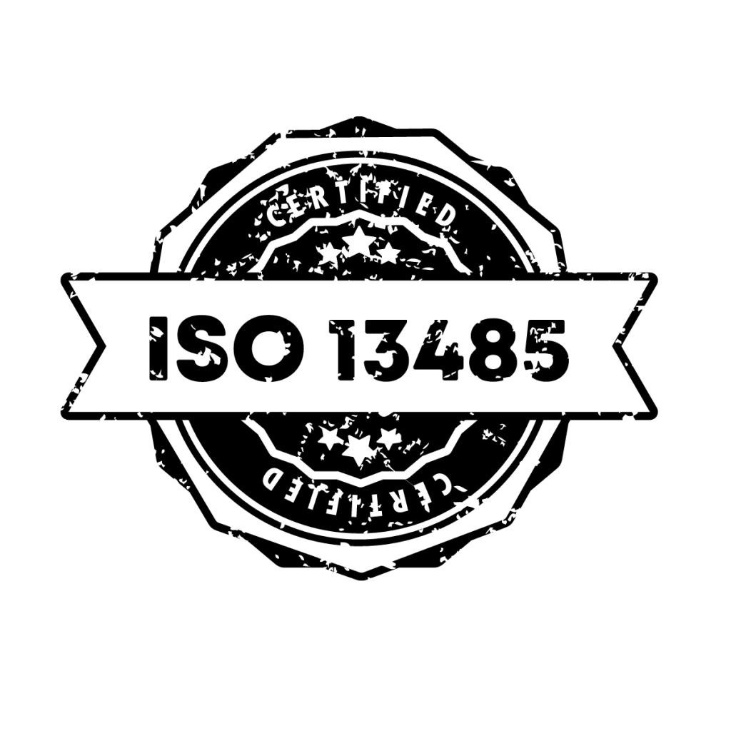 A certificate that says 'ISO 13485 certified' on it - This image is used by patient guard to represent ISO 13485 quality assurance and QMS services.