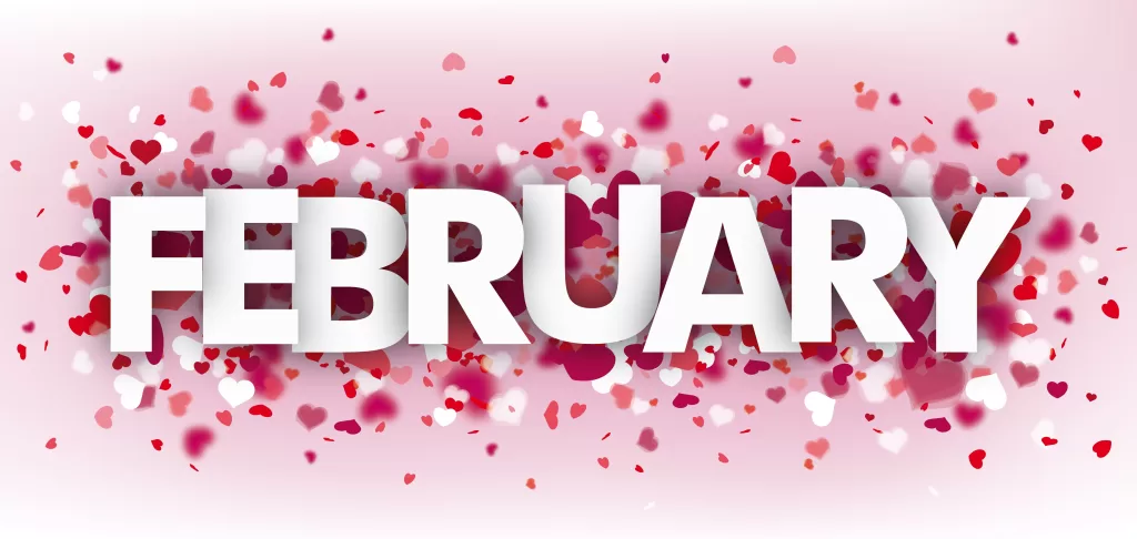 the word february with red, pink and white heats exploading like confetti around it - This image is used for Patient Guards February news letter.