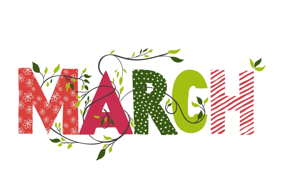 the word march in spring colours of red and green with growling leaves coming from the letters - used by patient guard for their march news letter.