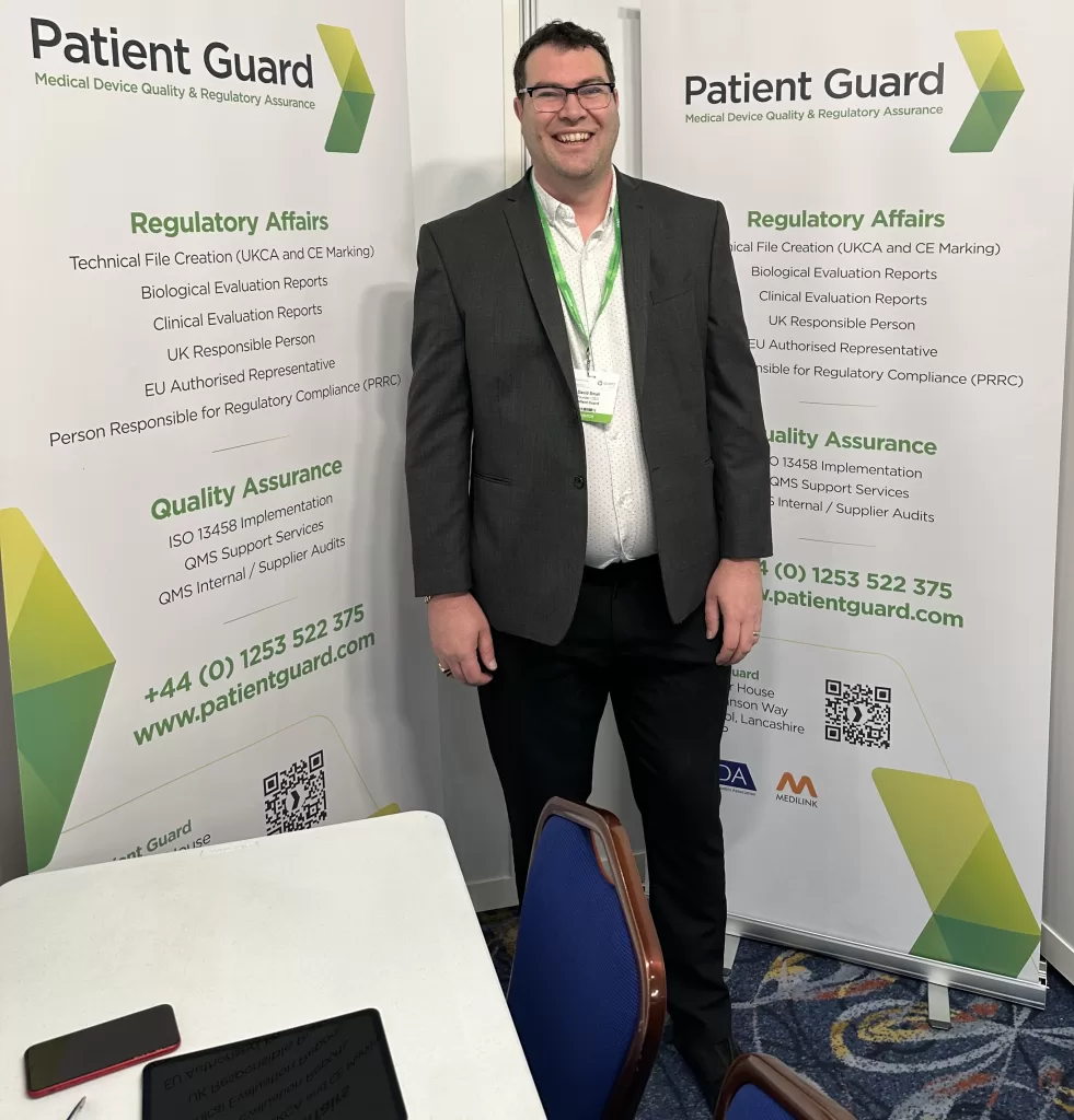 photograph of Patient Guard founder David Small at the patient guard stand - Medical Technology (medical device) exhibition - Coventry Arena.