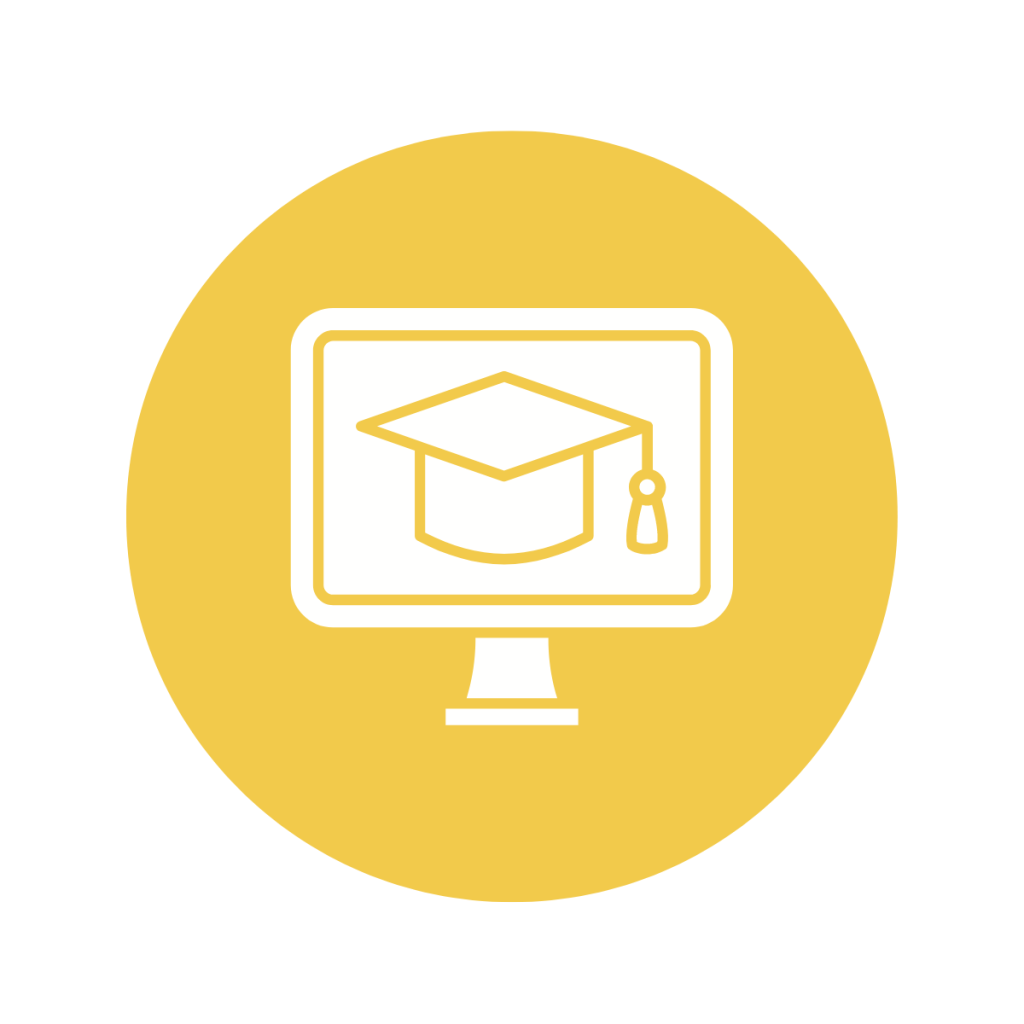 yellow circle with a desktop screen with a university graduation cap presented on it - This image represents patient guard ltd's medical device related training courses.