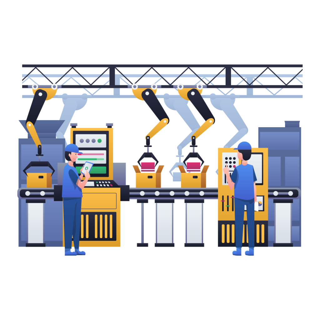 illustration of a manufacturing production line with two workers QC checking that everything is working properly. This image is used by patient guard to show how they can help manufacturers of medical devices and IVDs with their regulatory service and quality assurance services