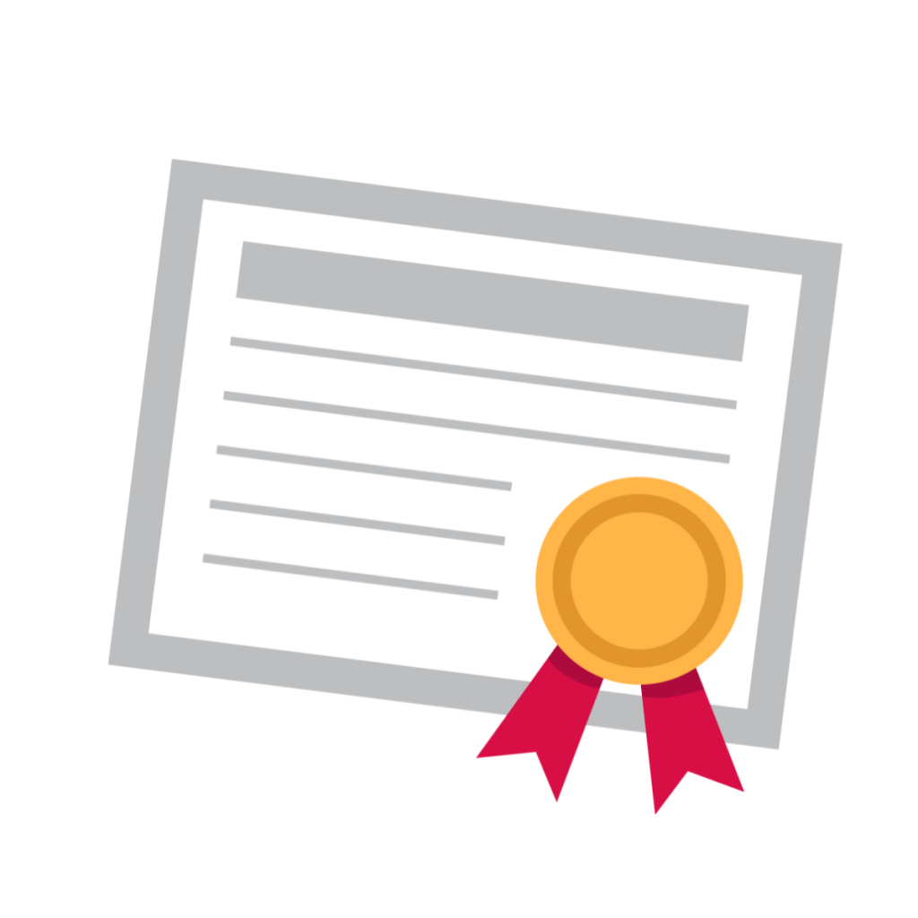 An illustrated image of a certificate, with a gold and red ribbon on it. This is used by patient guard ltd to highlight Notified Body certification and medical device and IVD registration.