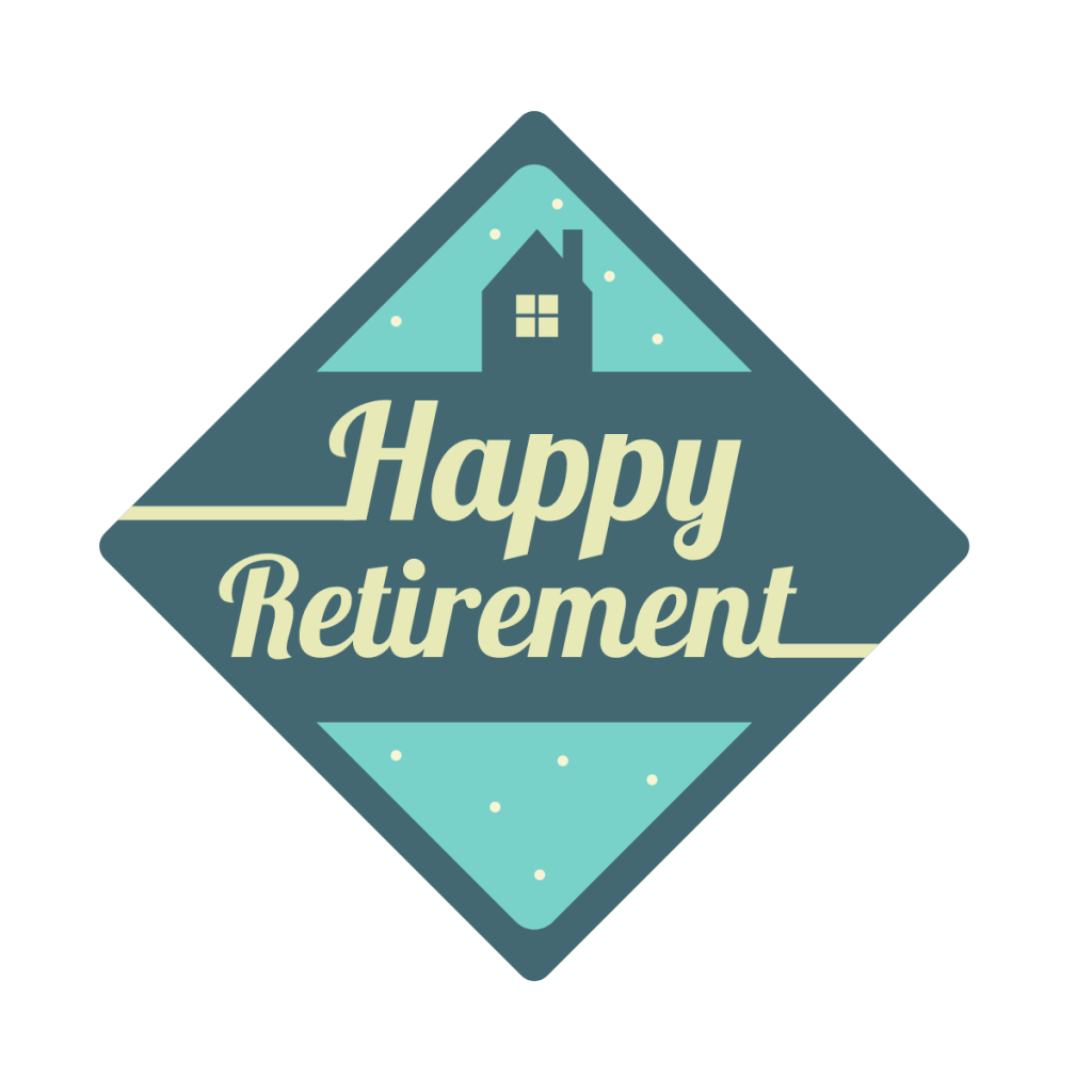 An image that says happy retirement on it - the image is a diamond shape, with turquoise background and an illustration of a house above the text. This image is used by patient guard to highlight the services patient guard as a medical device consultancy and IVD consultancy can provide customers around medical device and IVD obsolescence.