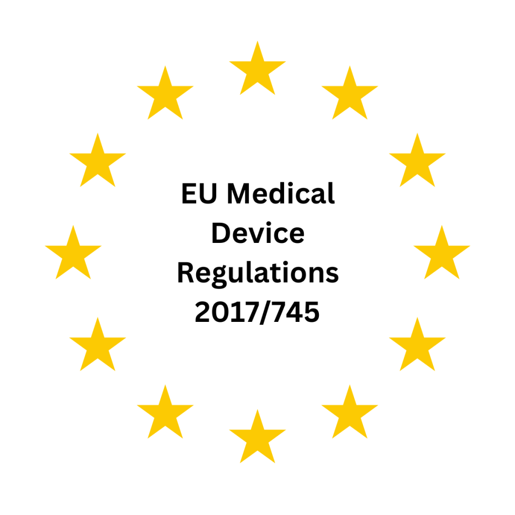 EU flag yellow stars with the words EU Medical Device Regulations 2017/745 written in the middle