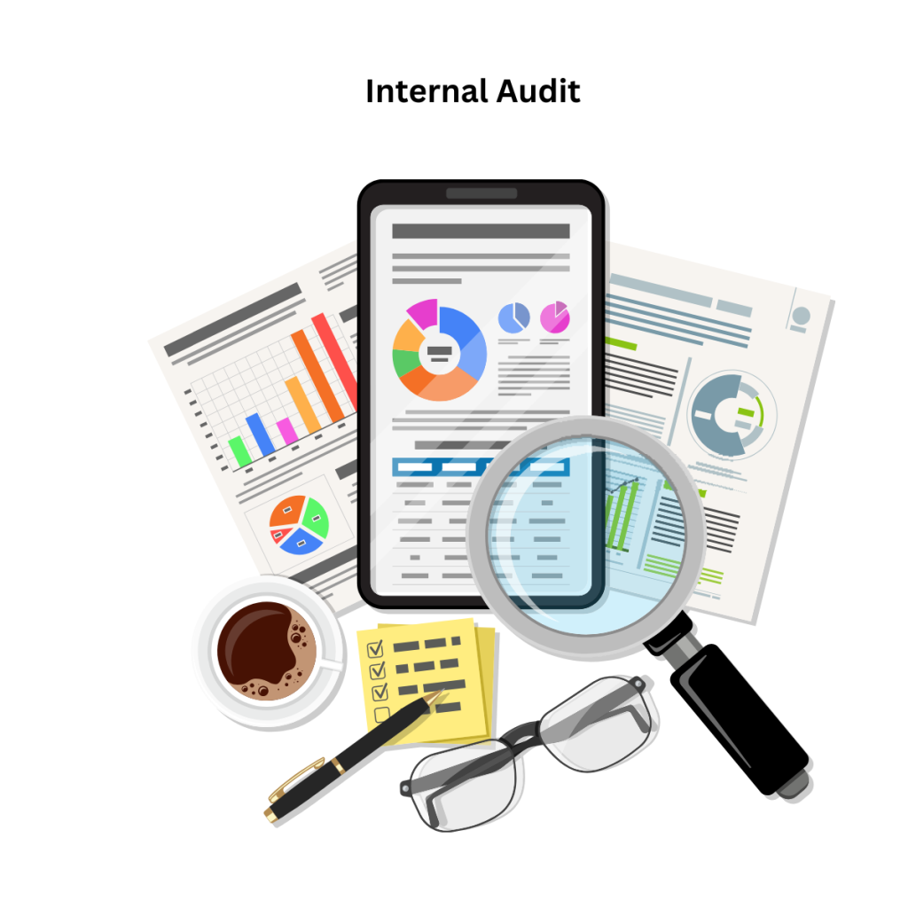 internal audit relating to ISO 13485, the image shows documents and a phone screen with records on it, also in the image are a spyglass, pen and a pair of glasses - this image is used by patient guard to represent their internal audit services.