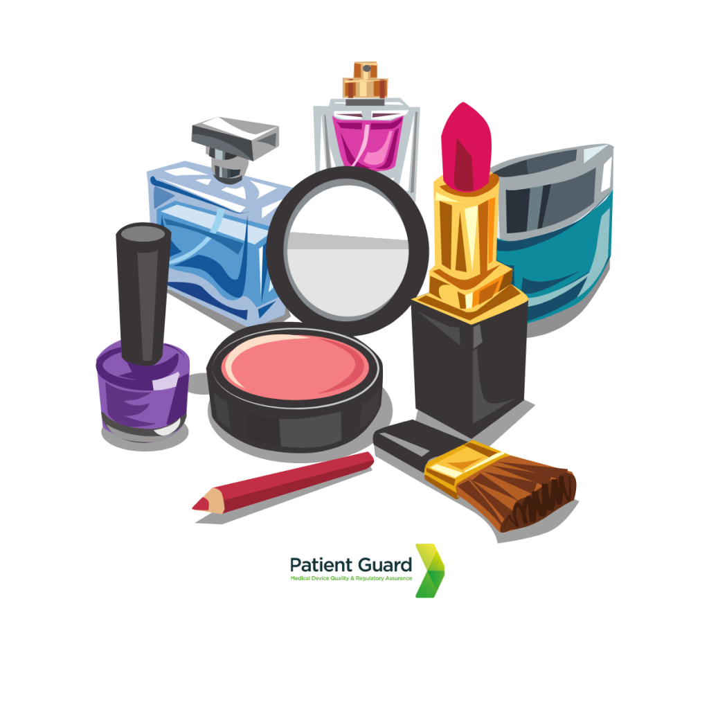 Cosmetics such as lipstick, nail varnish, face creams, perfume, blush, foundation, makeup brushes, eyeliner pencil all together with the image of patient guards logo underneath - image is used by patient guard in describing their cosmetics responsible person service in the UK and the EU.