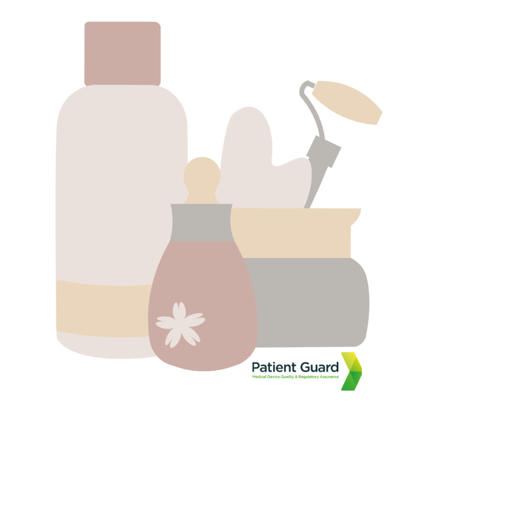 Skincare cosmetics such as creams, lotions, rollers, serums with an image of patient guards logo underneath - image is used by patient guard in describing their cosmetics responsible person service in the UK and the EU.