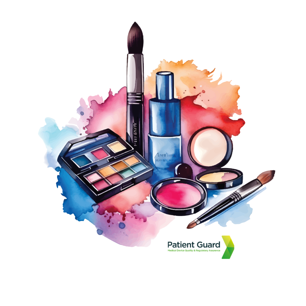 Beauty products such as lipstick, nail varnish, face creams, perfume, blush, foundation, makeup brushes, eyeliner pencil all together with the image of patient guards logo underneath - image is used by patient guard in describing their cosmetics responsible person service in the UK and the EU.
