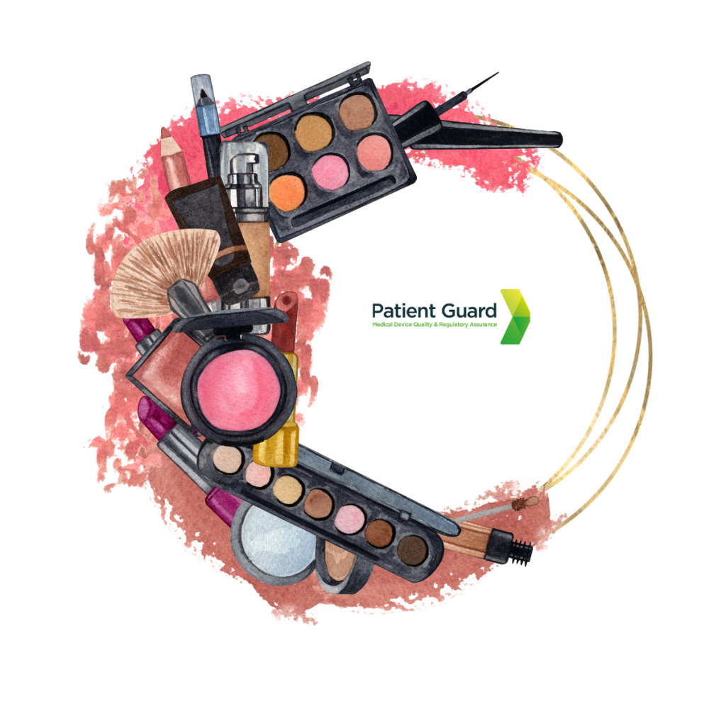 eyeshadows, makeup brushes, make up color pallets, all together with the image of patient guards logo in the middle - image is used by patient guard in describing their cosmetics responsible person service in the UK and the EU.