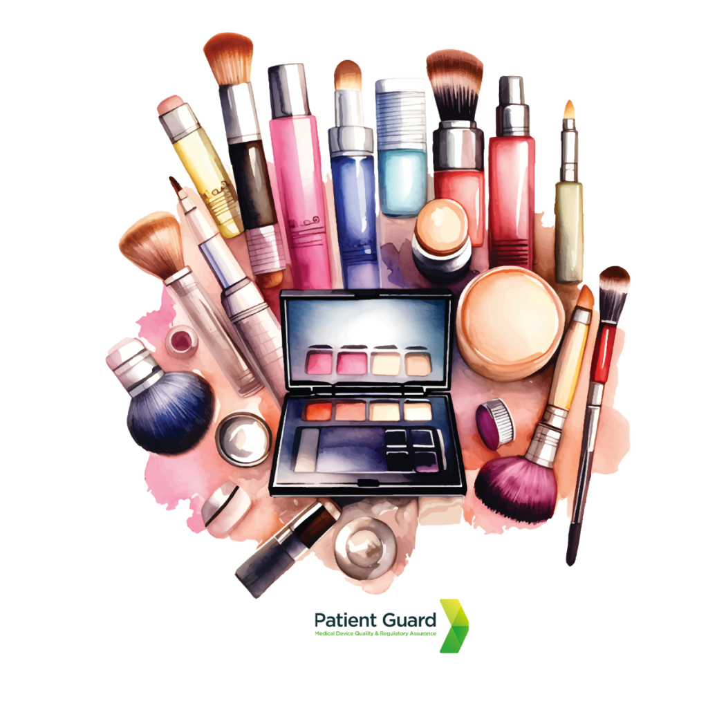 colourful cosmetic and makeup products all together with the image of patient guards logo underneath - image is used by patient guard in describing their cosmetics responsible person service in the UK and the EU.