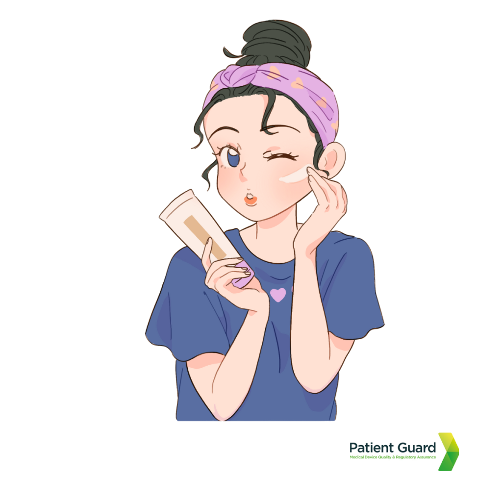 young woman applying beauty products and cosmetics to her skin - patient guard logo underneath - used by patient guard to represent their EU 1223/2009 cosmetics regulations compliance services