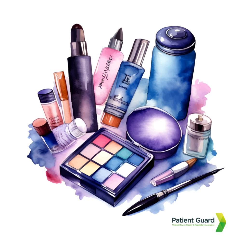 cosmetic products such as liquid foundation, moisturisers, eye lashes, color pallets and more all together with the image of patient guards logo underneath - image is used by patient guard in describing their cosmetics responsible person service in the UK and the EU.