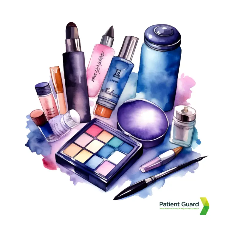 cosmetic products such as liquid foundation, moisturisers, eye lashes, color pallets and more all together with the image of patient guards logo underneath - image is used by patient guard in describing their cosmetics responsible person service in the UK and the EU.