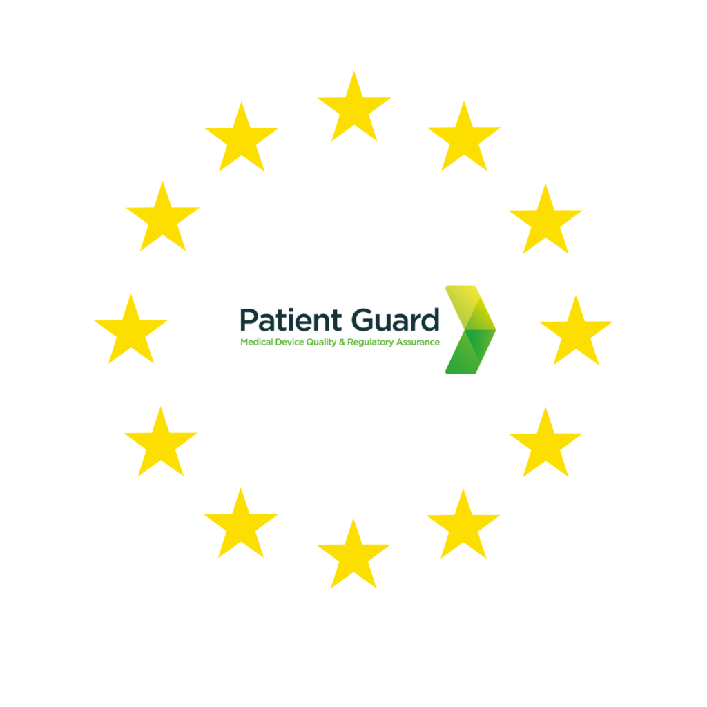 The golden stars of the EU flag with patient guards logo in the middle - this is used by patient guard to represent their EU Authorised Representative Service for medical device manufacturers based outside of the EU who wish to gain access to the EU medical device market.