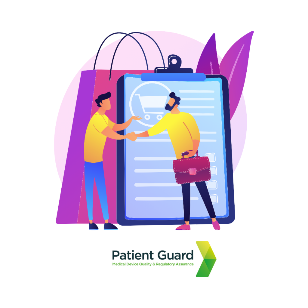 image of two people shaking hands with background of a shopping bag and sales order. This represents Patient Guards EU Authorised Representative service, allowing medical device manufactures to place their medical devices on the EU market.
