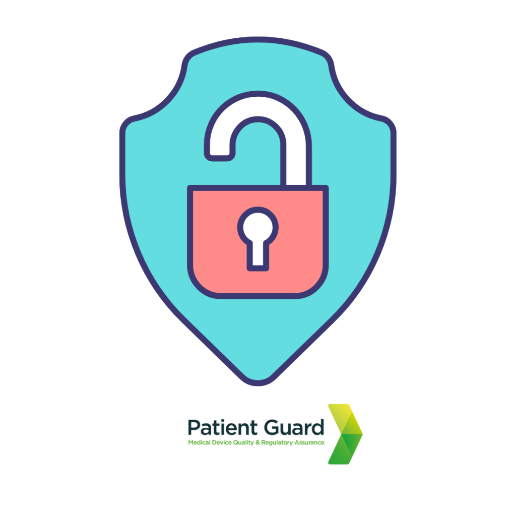 an unlocked padlock with a shield around it - representing patient guards medical device and IVD EU Authorized Representative service and unlocking the market access to medical device and IVD manufacturers.