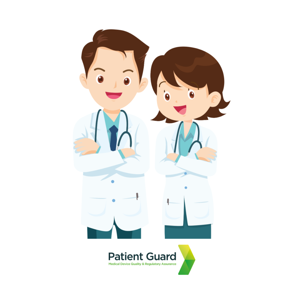 Doctors with patient guards logo underneath, used by patient guard to illustrate their PMCF (Post Market Clinical Follow-up) medical device services.