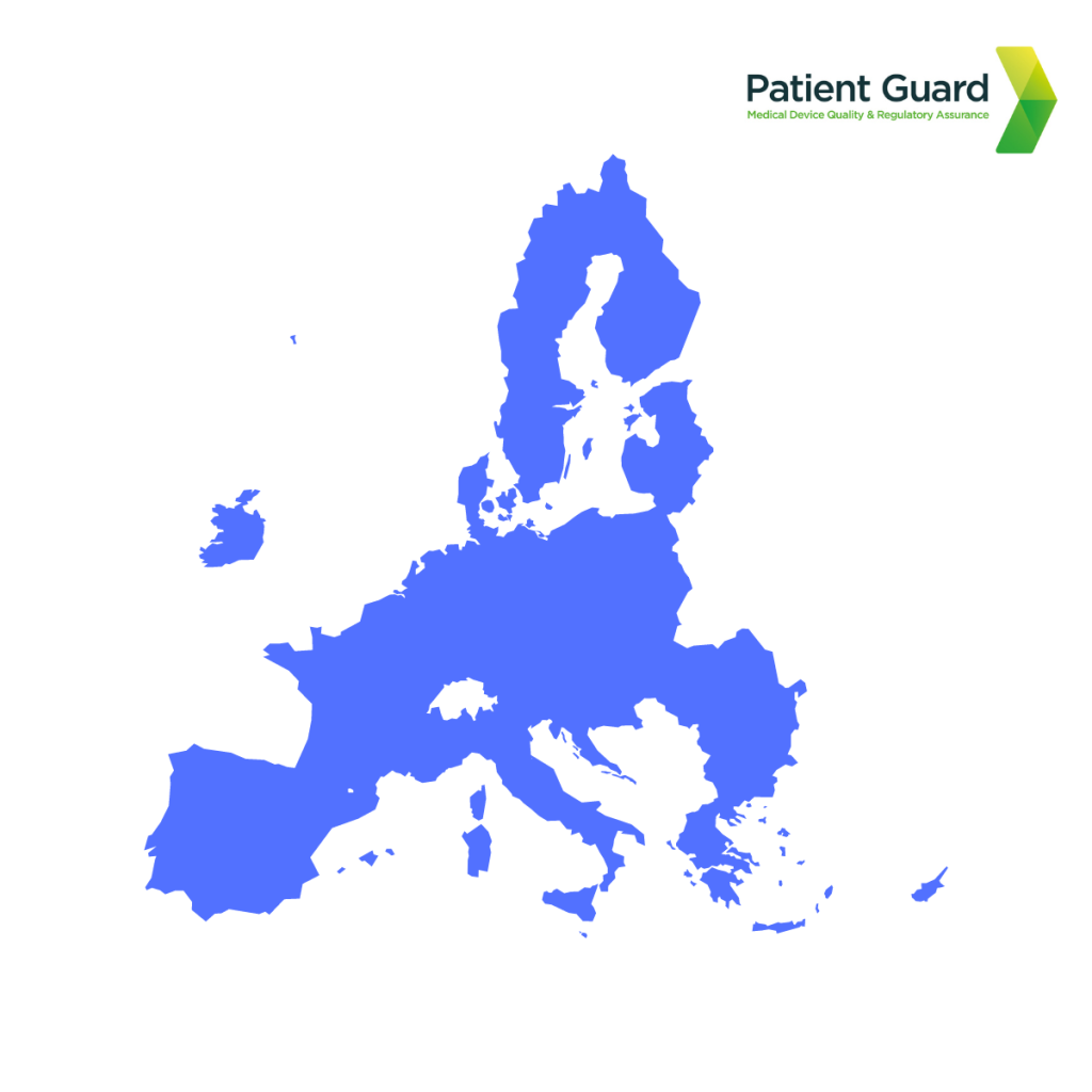 Map of the EU countries in blue with patient guards logo in the right hand corner.