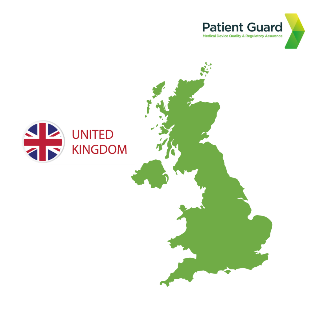 Map of the United Kingdom (UK) in green with the words United Kingdom next to the union jack flag and patient guards logo in the top right hand corner.